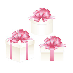 Set of White Gift Box with Pink Ribbon and Bow Isolated on White Background. Vector image.