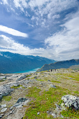 Fototapeta na wymiar Backpackers at Besseggen ridge