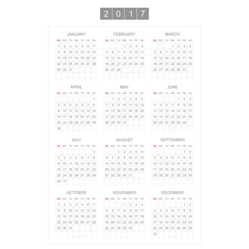 Calendar for 2017 Year. Week starts monday. Vector template for business graphics.