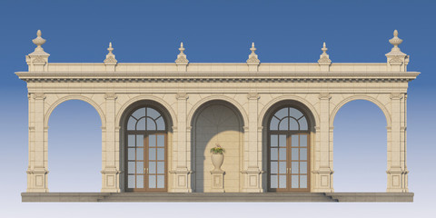 arcade with ionic pilasters in classic style. 3d render