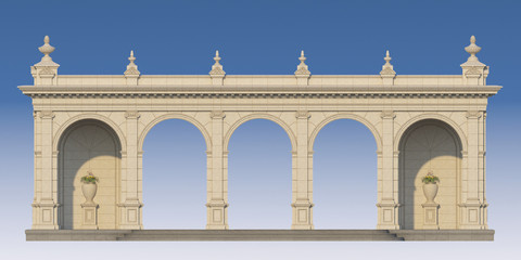 arcade with ionic pilasters in classic style. 3d render