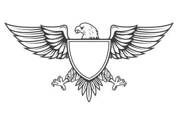 Eagle with shield isolated on white background. Design element for emblem, badge. Vector illustration.