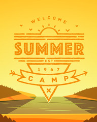 Summer camping emblem in vintage style on background with natural landscape.