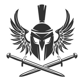 Spartan helmet with crossed swords and wings isolated on white background. Vector illustration.