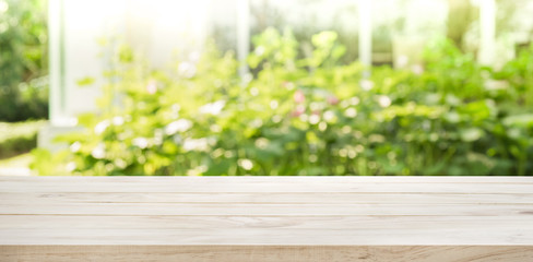 Empty wood table top on blur abstract green from garden and house in morning background.For montage product display or  key visual layout