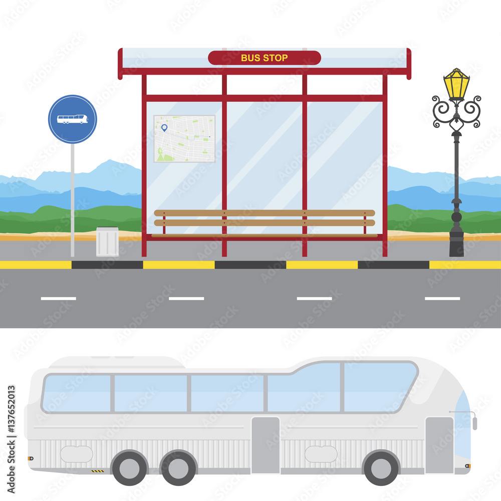 Poster a bus stop with a bus on the background of nature with a bench and a traffic sign. flat vector illus
