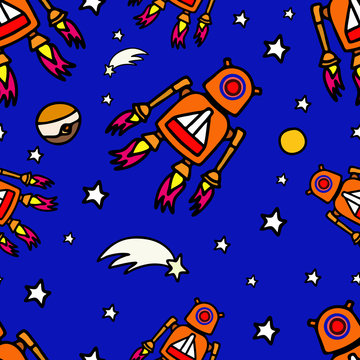 Seamless pattern with robots, planets, stars and comets