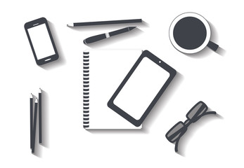Office desk with tablet, glasses and coffee cup, vector