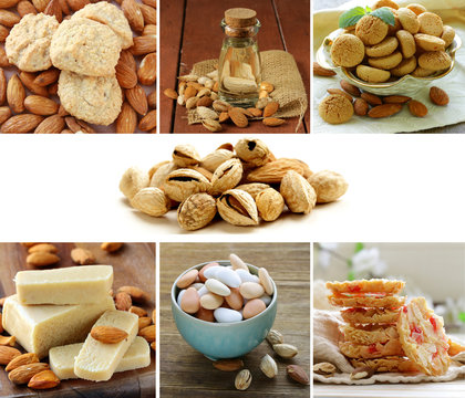 collage set nuts, almond oil, cookies and marzipan
