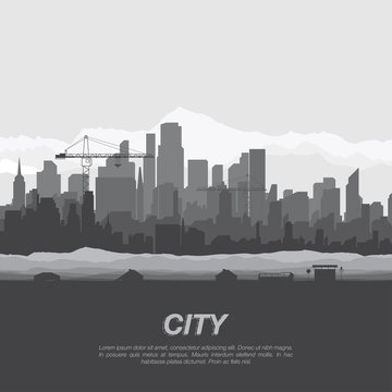 The silhouette city with tower crane and a bus stop.. Flat vector illustration EPS10