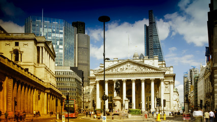 Fototapeta na wymiar View of the Royal exchange near the Bank of England, in the City of London