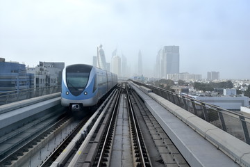 Naklejka na ściany i meble Dubai, United Arab Emirates - February 19, 2017, The Dubai Metro is a driverless, fully automated metro rail network in Dubai, United Arab Emirates