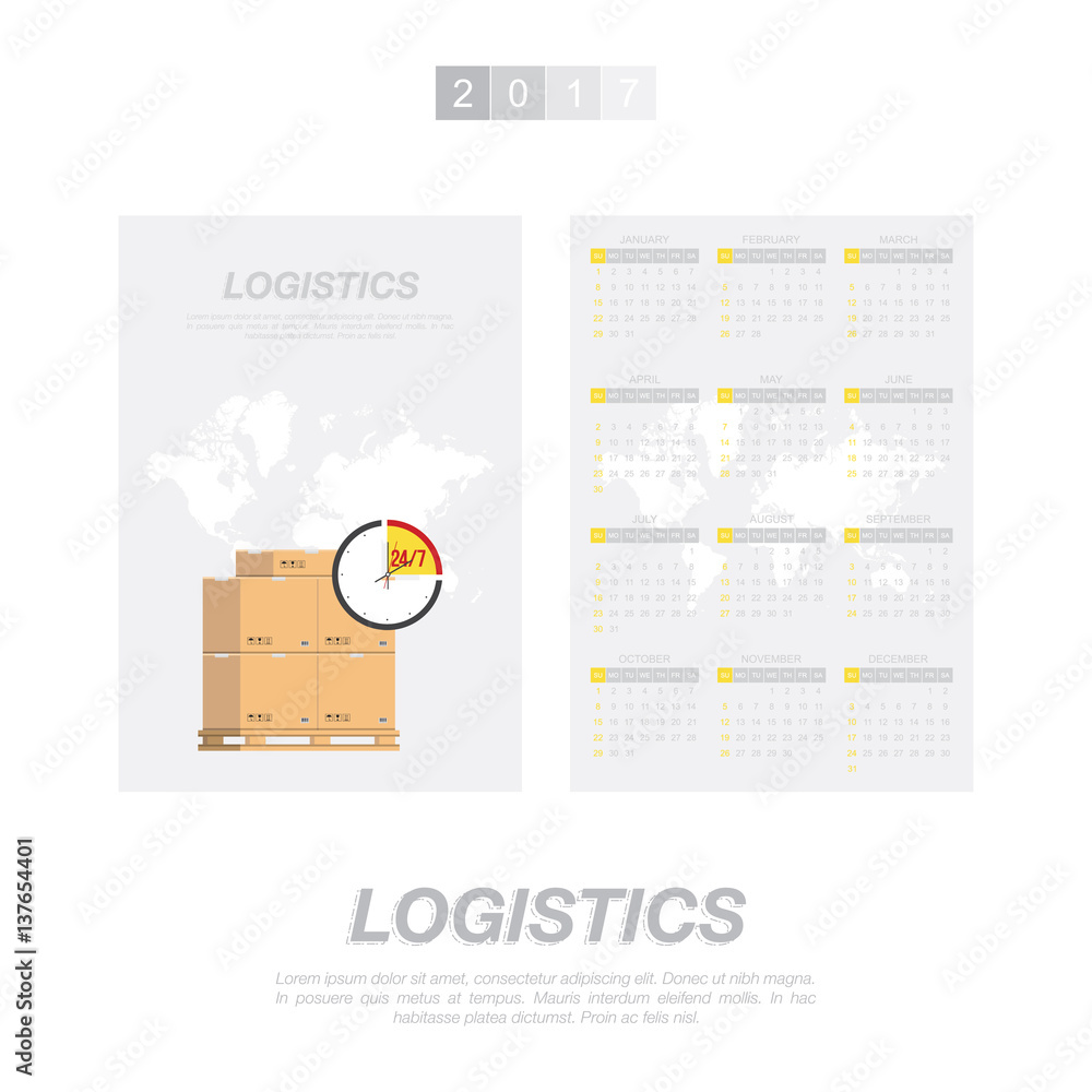 Poster calendar for 2017 year on transportation.. week starts monday. vector template for business graphics