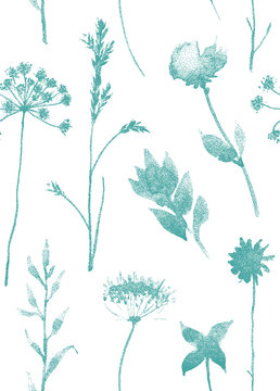 Seamless Pattern With Dry Flowers And Grass. Hand Drawn Illustration With Stipple Effect. EPS10 Vector.