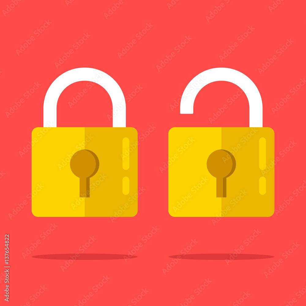 Poster open and closed lock icons set. two yellow padlocks. closed and open lock objects concept. modern gr
