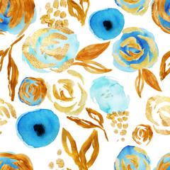 watercolor Blue and gold garden seamless pattern - 137655440