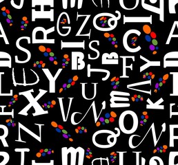 Seamless vector background with letters. White characters on black background, colorfull dots, different fonts. 
