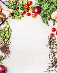 Fresh organic vegetables food background on white wooden , top view, frame