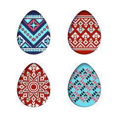 Isolated eggs vector set in paper cut style for banner, spring card or background design.Easter pixel tribal ornate design elements on the white background
