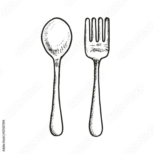 "fork and spoon isolated sketch vector illustration" Stock image and