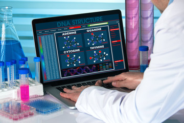 genetic engineer using computer with structure test dna in biotechnology lab / research geneticist...