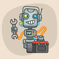Obraz premium Robot Holds Suitcase and Wrench
