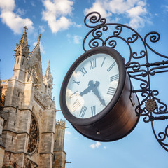 Old clock seen in Leon, Spain