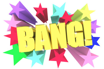 Bang text. Golden letters with vivid stars. 3d render