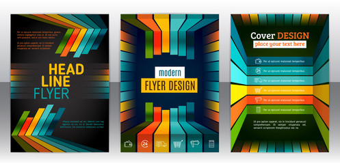 Abstract stripes vector brochure template. Flyer with lines, stripes motion and dynamics. Cover layout with flat style. Infographic elements and icons. Modern design for posters and banner. Vector eps