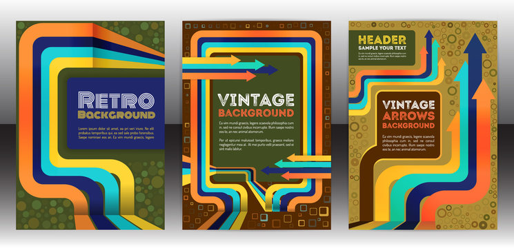 Abstract retro cover design with arrows elements. Abstract vintage progress concept flyer. Brochure template layout, cover design of annual report. Vector eps 10