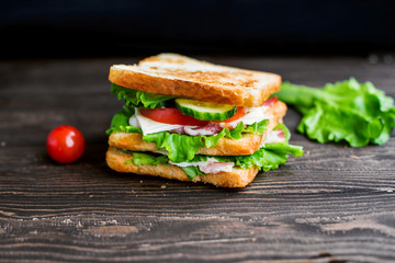 Toasted sandwich with bacon, cheese, tomato and lettuce