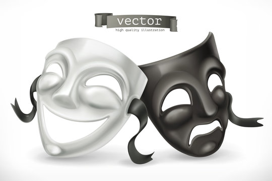 Black and white theatrical masks. Comedy and tragedy, 3d vector icon