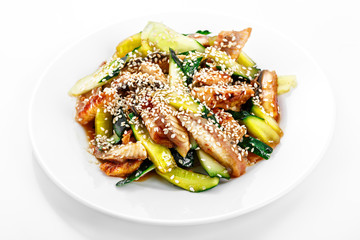 Salad of smoked eel, cucumber, sesame, unagi sauce, eel