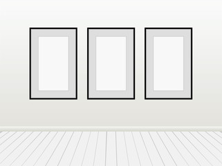 Three Vector Empty Blank White Mock Up Posters Pictures Black Frames on  Wall with Floor a Front View