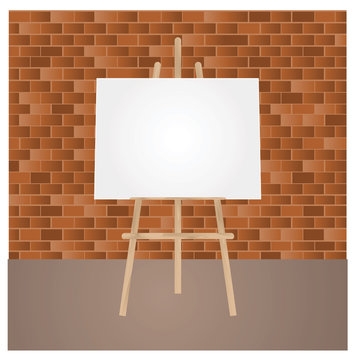 Vector Wooden Brown  Easel with Mock Up Empty Blank Horizontal Canvas Standing on Floor in front of  brick Wall