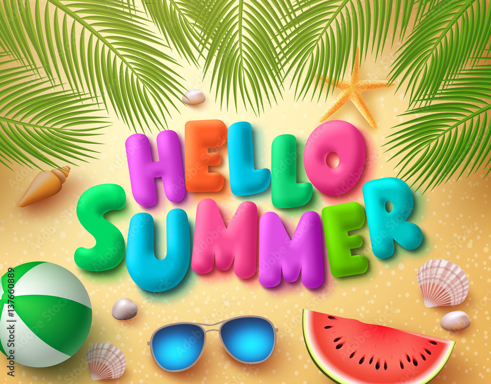 Poster hello summer vector banner design in beach sand background with colorful summer elements and text un