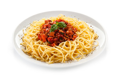 Pasta with meat, tomato sauce and vegetables
