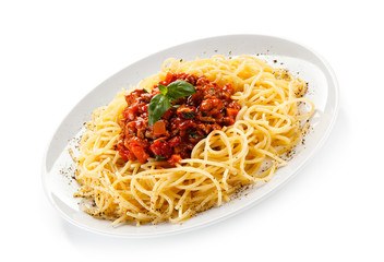 Pasta with meat, tomato sauce and vegetables