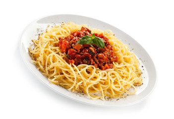 Pasta with meat, tomato sauce and vegetables