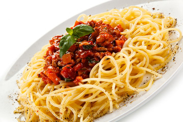 Pasta with meat, tomato sauce and vegetables