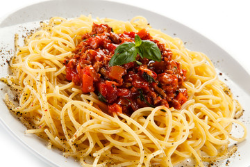 Pasta with meat, tomato sauce and vegetables