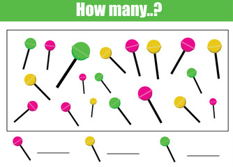 Counting educational children game, kids activity. How many objects task