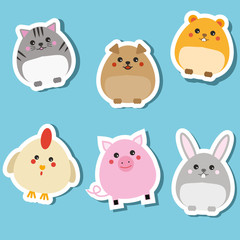 Obraz na płótnie Canvas Cute domestic animals. Stickers set. Vector illustration. Cat, rabbit, puppy, pig, hamster