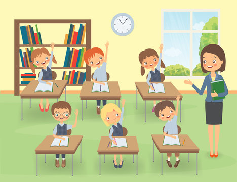 Teacher with pupils in a classroom at a lesson Stock Vector | Adobe Stock