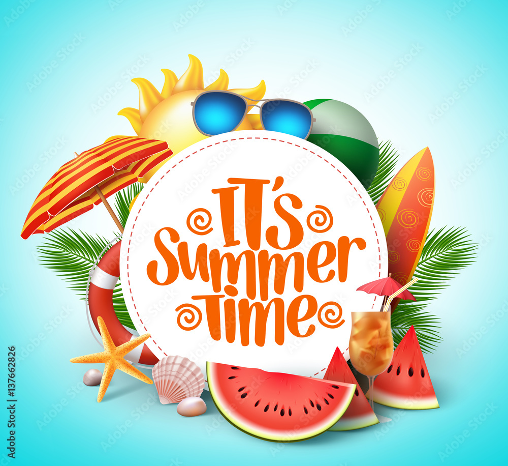 Poster summer time vector banner design with white circle for text and colorful beach elements in white bac