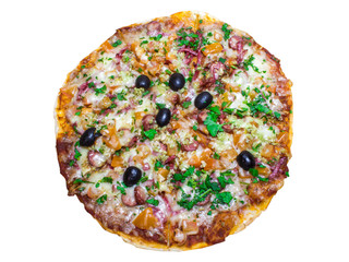 Appetizing delicious pizza lying on a white background isolated