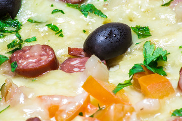 Appetizing delicious pizza with olives black olives close-up