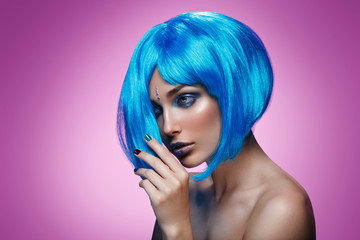Beautiful girl in blue wig