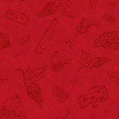 Seamless vector pattern drawing on a red background bottle and wineglass wine with spills. The vine bottle, berries, cheese, pomegranate