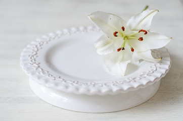 Fototapeta na wymiar White lily on a white plate and a white background